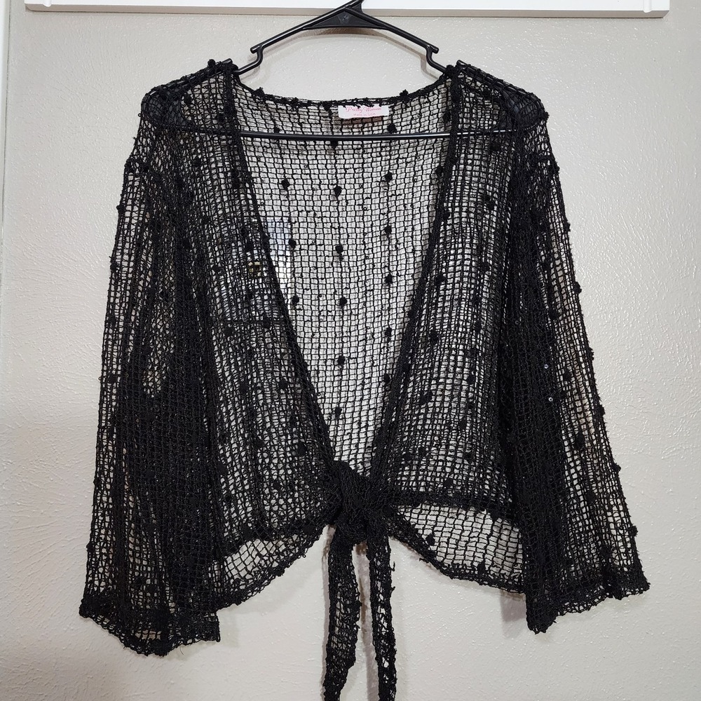 Pretty Woman Cardigan Large Black Mesh Top Boho Festival Front Tie Cropped
